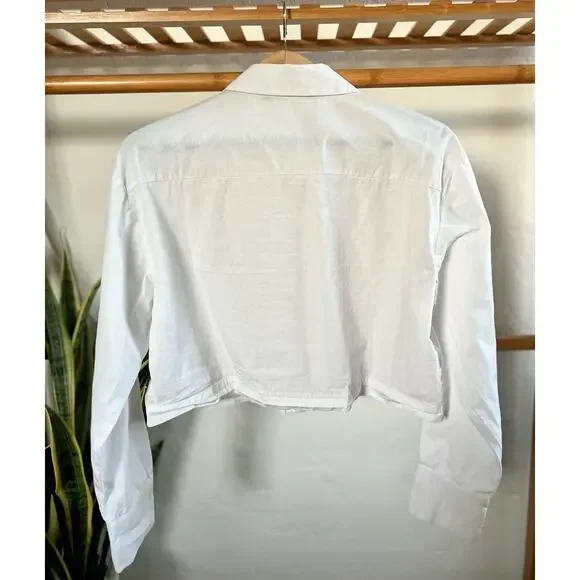 Zara Cropped White Embellished Collar Button Front Top - Picture 3 of 8